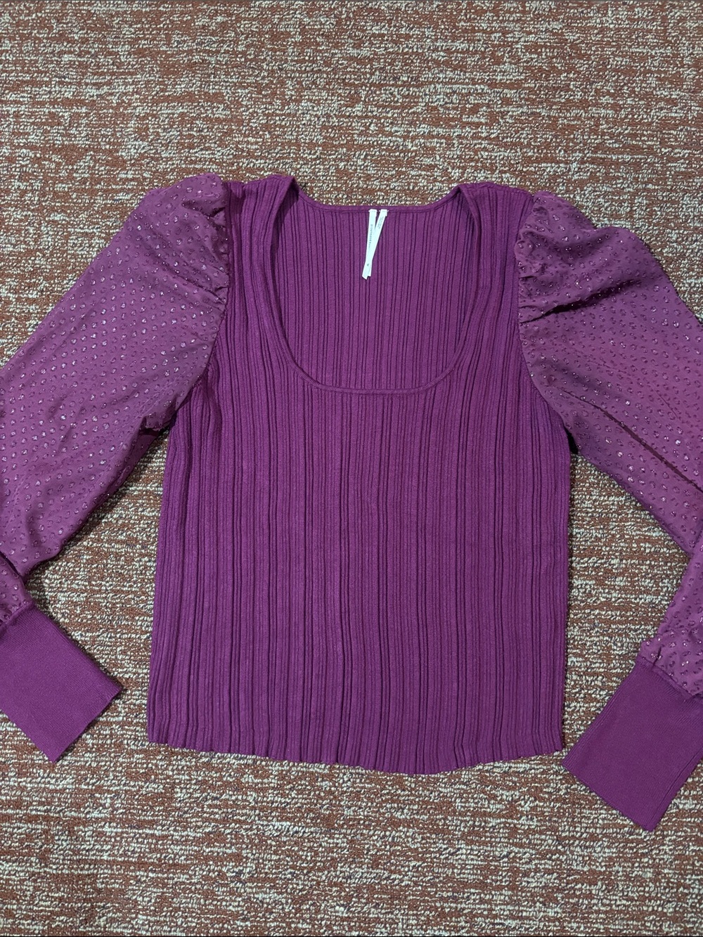 Anthropologie Plum purple Ribbed Scoop-Neck Top with Sheer Puff Sleeves stretch